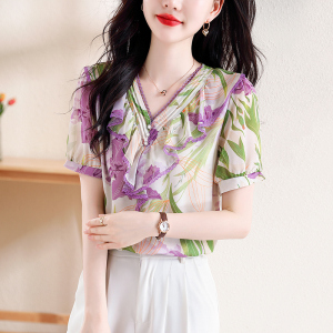 RM15585#女装夏季短袖V领雪纺套头蕾丝衫/雪纺衫