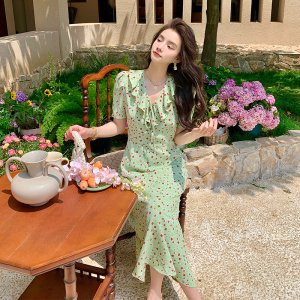 RM12534#新款法式绿色碎花连衣裙荷叶边系带显瘦碎花裙女小个子