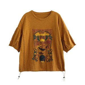 RM14019#夏装竹节棉印花复古短袖T恤衫女宽松大码灯笼袖套头上衣潮