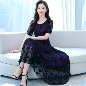 RM24086#剪花黑色连衣裙2023新款圆领收腰修身显瘦高级感超长裙女到脚踝