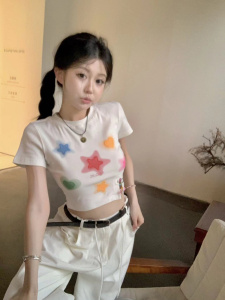 RM16186#夏季日系甜美彩色星星印花学生短款T恤