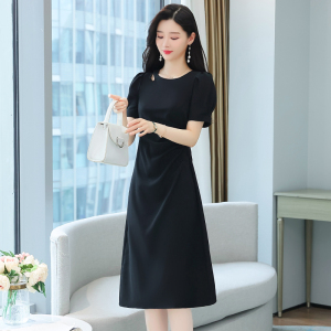 RM13222#夏季新款赫本风小黑裙子女黑色短袖圆领气质收腰显瘦连衣裙