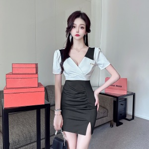 Sexy contrasting lapel wrap buttocks short sleeved dress work clothes