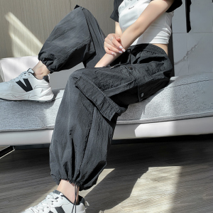 RM13274#冰丝工装裤女夏季薄款小个子高腰显瘦速干休闲直筒束脚阔腿裤