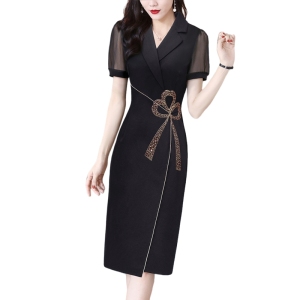 TR30494# 夏季连衣裙女新款黑色西装领修身高端其中名媛包臀裙夏