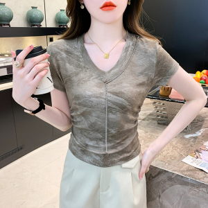 RM21176#美式复古V领短袖T恤女夏装新款扎染设计感辣妹小众别致上衣女
