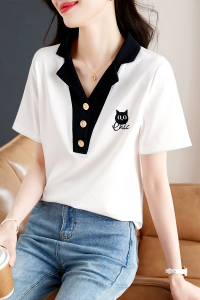 RM21035#学院风猫咪短袖白色T恤2023夏装复古减龄设计感上衣
