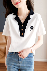RM21035#学院风猫咪短袖白色T恤2023夏装复古减龄设计感上衣