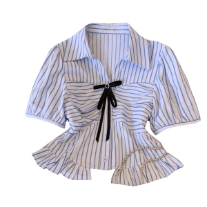 TR30390# 蓝色条纹韩系学院风衬衫女设计感小众夏季短款小个子收腰短袖上衣