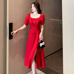 RM18776#夏季新款法式显瘦小方领设计感茶歇气质订婚红色裙连衣裙