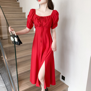 RM18776#夏季新款法式显瘦小方领设计感茶歇气质订婚红色裙连衣裙