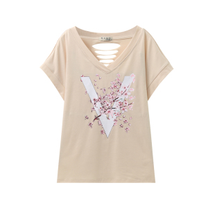 RM16008#破洞V领短袖女士T恤夏季新款大码宽松小众ins设计感上衣潮