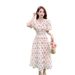 RM16845#法式新款玫瑰花复古V领提花设计感显瘦气质连衣裙