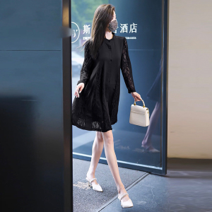 RM14840#大码女装2023年春夏季新款气质减龄蕾丝拼接中长款显瘦衬衫连衣裙