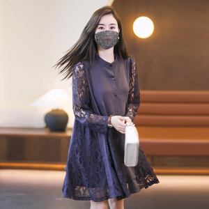 RM14840#大码女装2023年春夏季新款气质减龄蕾丝拼接中长款显瘦衬衫连衣裙