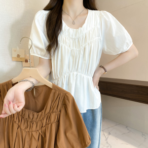RM18553#夏季新款法式甜美泡泡袖褶皱衬衫女宽松时尚小衫气质上衣