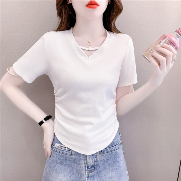 RM12594#V领短袖T恤女夏季设计感褶皱短款紧身显瘦别致上衣