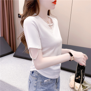 RM12594#V领短袖T恤女夏季设计感褶皱短款紧身显瘦别致上衣
