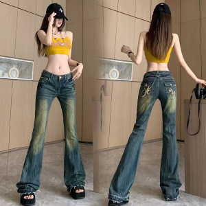 RM12501#刺绣爆裂纹水洗低腰微喇牛仔裤女复古做旧显瘦拖地长裤