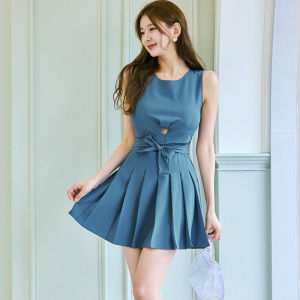 TR30674# 夏季新款韩版气质修身收腰系带时尚假两件百褶裙连衣裙