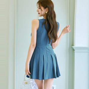 TR30674# 夏季新款韩版气质修身收腰系带时尚假两件百褶裙连衣裙