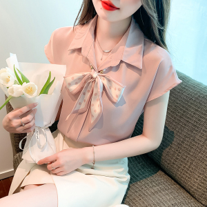 RM16321#珍珠项链丝巾飘带短袖真丝衬衫女夏季气质蝴蝶结缎面衬衣上衣