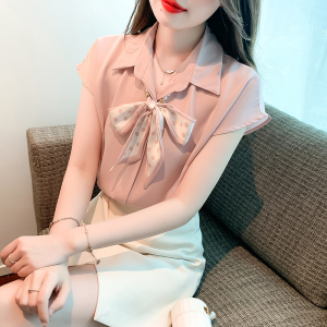 RM16321#珍珠项链丝巾飘带短袖真丝衬衫女夏季气质蝴蝶结缎面衬衣上衣