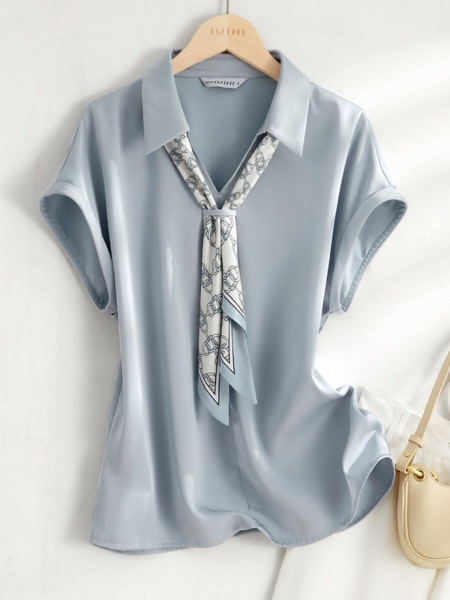 RM13076#丝巾短袖洋气小衫上衣2023夏季新款女T恤简约气质优雅衬衫