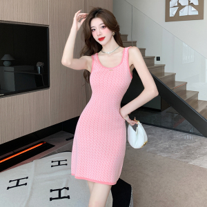 Playful Pink Fragrant Style Spicy Girl Waist Slim Fit Wrap Hip Tank Top Knit Dress