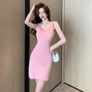 Playful Pink Fragrant Style Spicy Girl Waist Slim Fit Wrap Hip Tank Top Knit Dress
