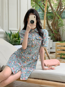 RM14365#大码女装夏季新款时尚短袖牛仔连衣裙胖MM修身收腰中长款裙