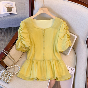 RM12424#大码女装夏季新款设计感微胖时尚洋气方领显瘦遮肚短袖上衣