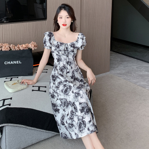 RM12286#新款夏季水墨画印花名媛淑女修身中长款连衣裙