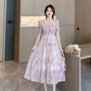 RM15249#夏季法式碎花国风油画连衣裙收腰显瘦泡泡袖裙子