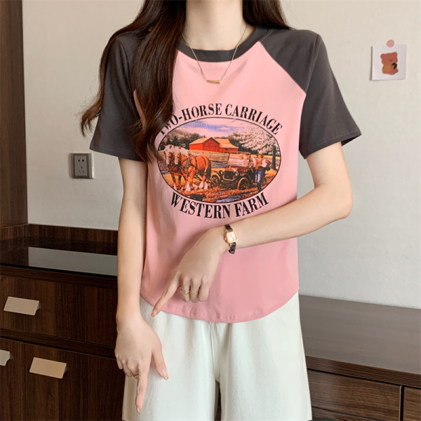 RM16268#夏季新款卡通印花撞色T恤女短袖设计感小众上衣