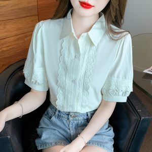 RM12566#夏季新款韩版宽松显瘦百搭泡泡袖蕾丝花边拼接短袖衬衫