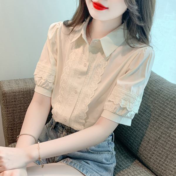 RM12566#夏季新款韩版宽松显瘦百搭泡泡袖蕾丝花边拼接短袖衬衫