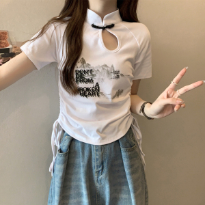 RM13831#国风短袖T恤女夏季韩版新款圆领小心机洋气印花抽绳休闲上衣潮