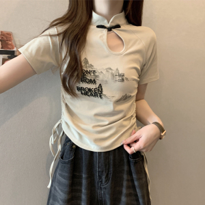 RM13831#国风短袖T恤女夏季韩版新款圆领小心机洋气印花抽绳休闲上衣潮