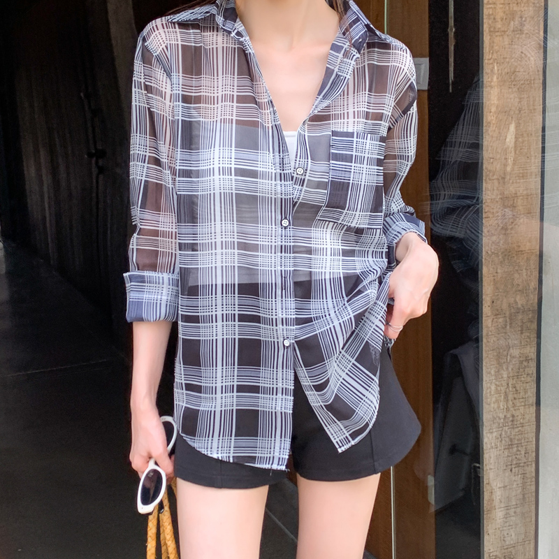 實拍韓版夏季新款女裝翻領薄款防曬服基礎款雪紡衫開衫襯衫襯衣