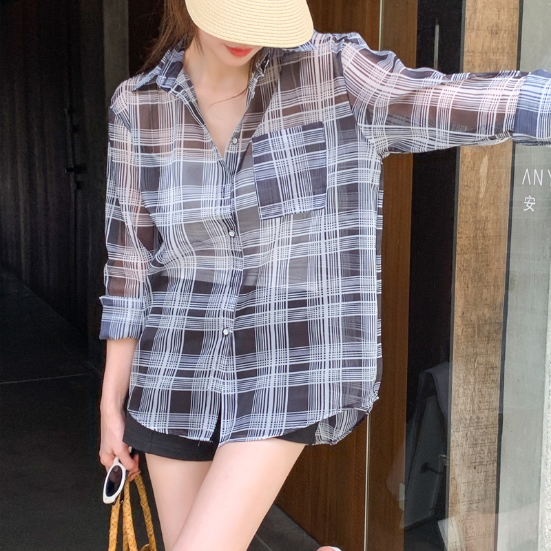 實拍韓版夏季新款女裝翻領薄款防曬服基礎款雪紡衫開衫襯衫襯衣
