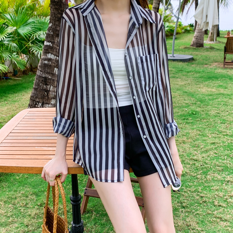 實拍韓版夏季新款女裝翻領薄款防曬服基礎款雪紡衫開衫襯衫襯衣