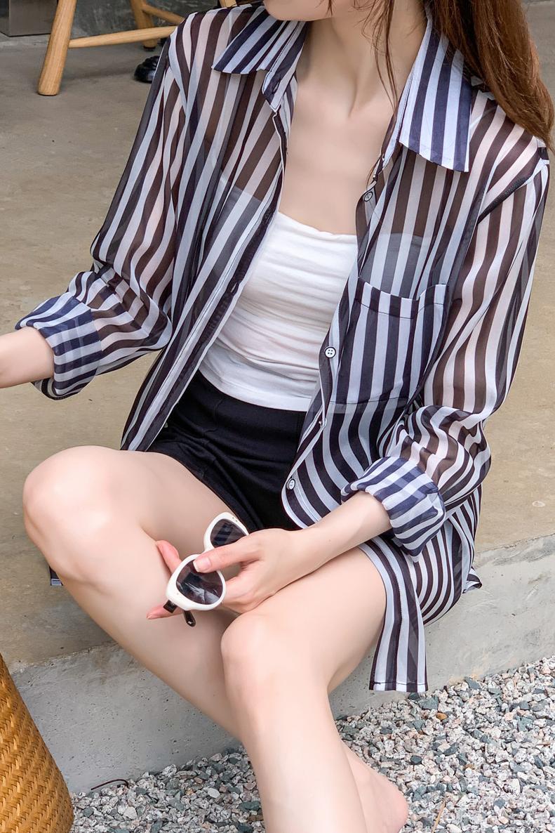 實拍韓版夏季新款女裝翻領薄款防曬服基礎款雪紡衫開衫襯衫襯衣