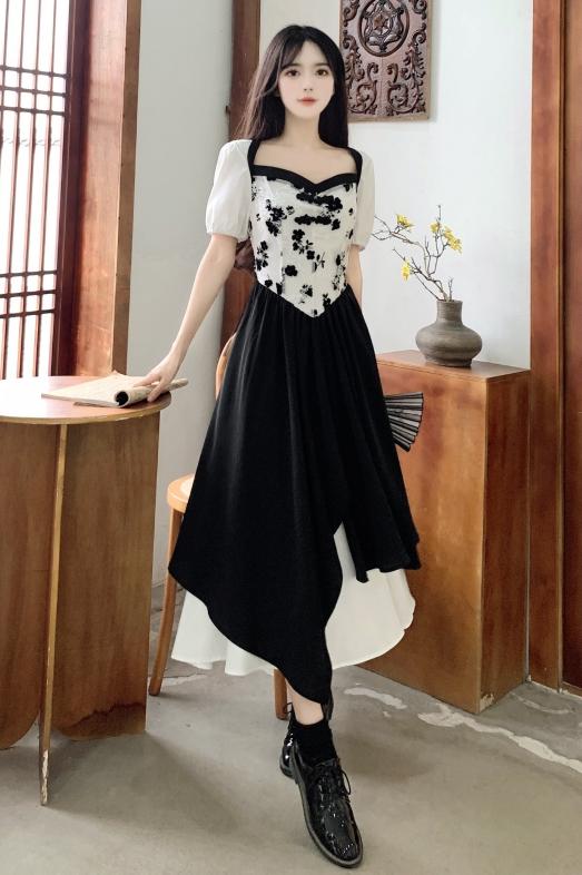 大码女装新中式国风复古碎花拼接连衣裙夏季新款植绒小众气质长裙