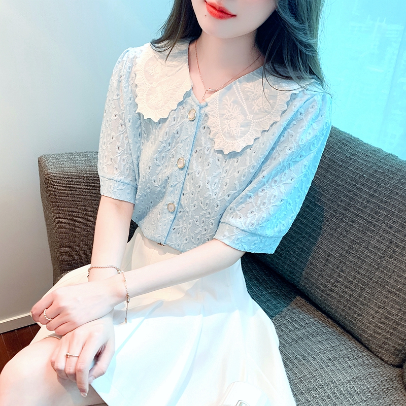 2026夏季新款 娃娃領襯衫女設計感鏤空蕾絲衫短袖上衣女