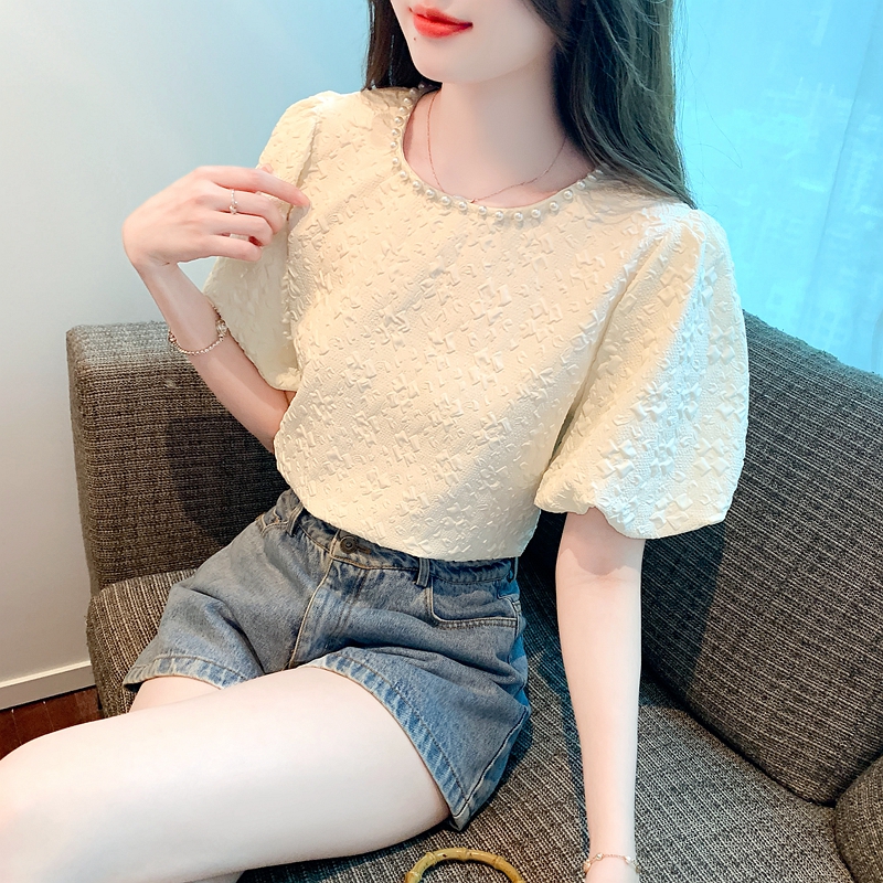 法式釘珠泡泡袖短款雪紡衫女夏季新款設計感壓花上衣寬松圓領小衫