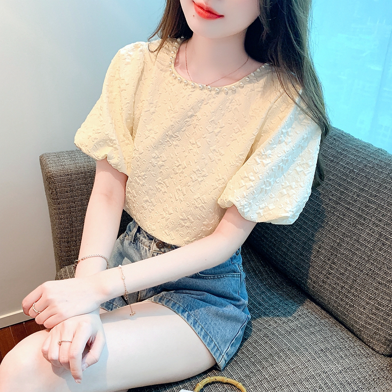 法式釘珠泡泡袖短款雪紡衫女夏季新款設計感壓花上衣寬松圓領小衫