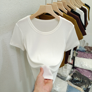 RM23202#螺纹短袖白色t恤女夏新款韩版修身内搭打底衫半袖体恤u领上衣