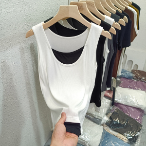 RM23199#螺纹假两件吊带背心女夏季韩版修身设计感打底衫无袖遮肉上衣