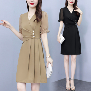 RM19774#大码女装2023新款连衣裙夏季薄款修身显瘦V领短袖裙子